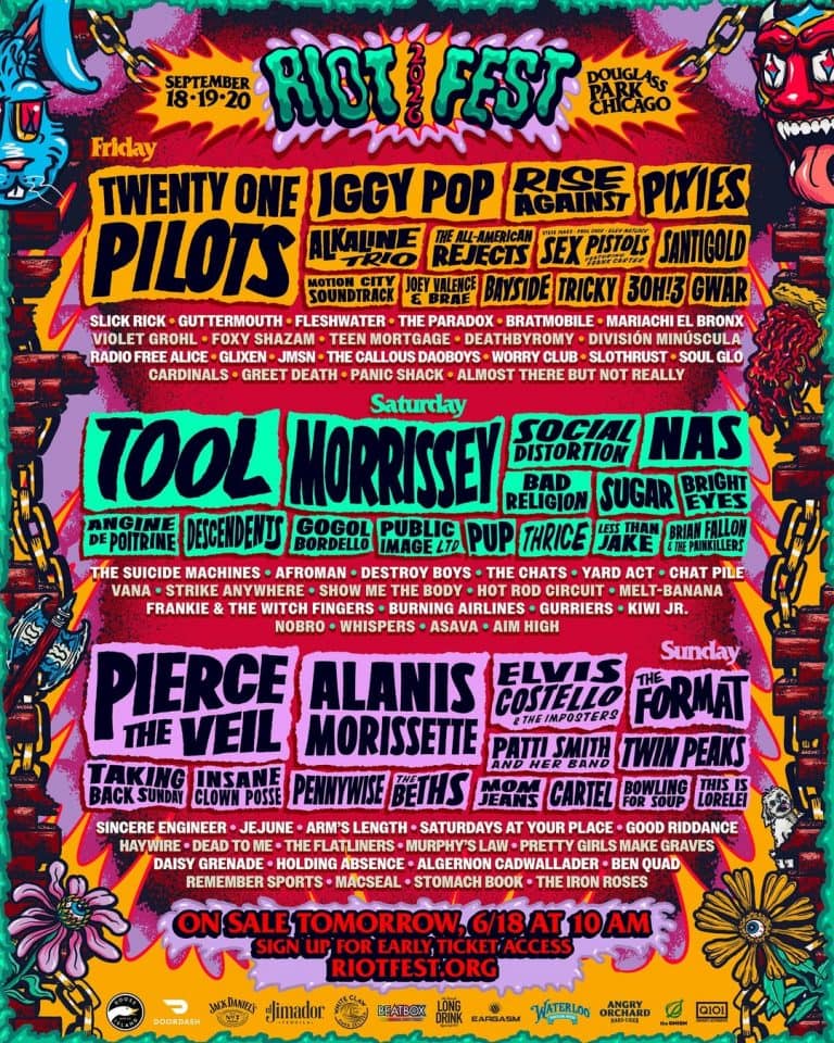 Riot Fest 2026 single-day lineup poster for September 18 through 20 at Douglass Park in Chicago.