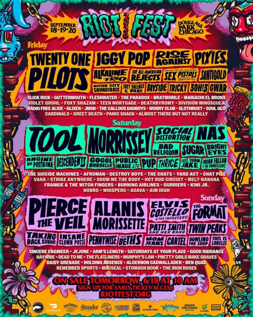 Riot Fest 2026 single-day lineup poster for September 18 through 20 at Douglass Park in Chicago.